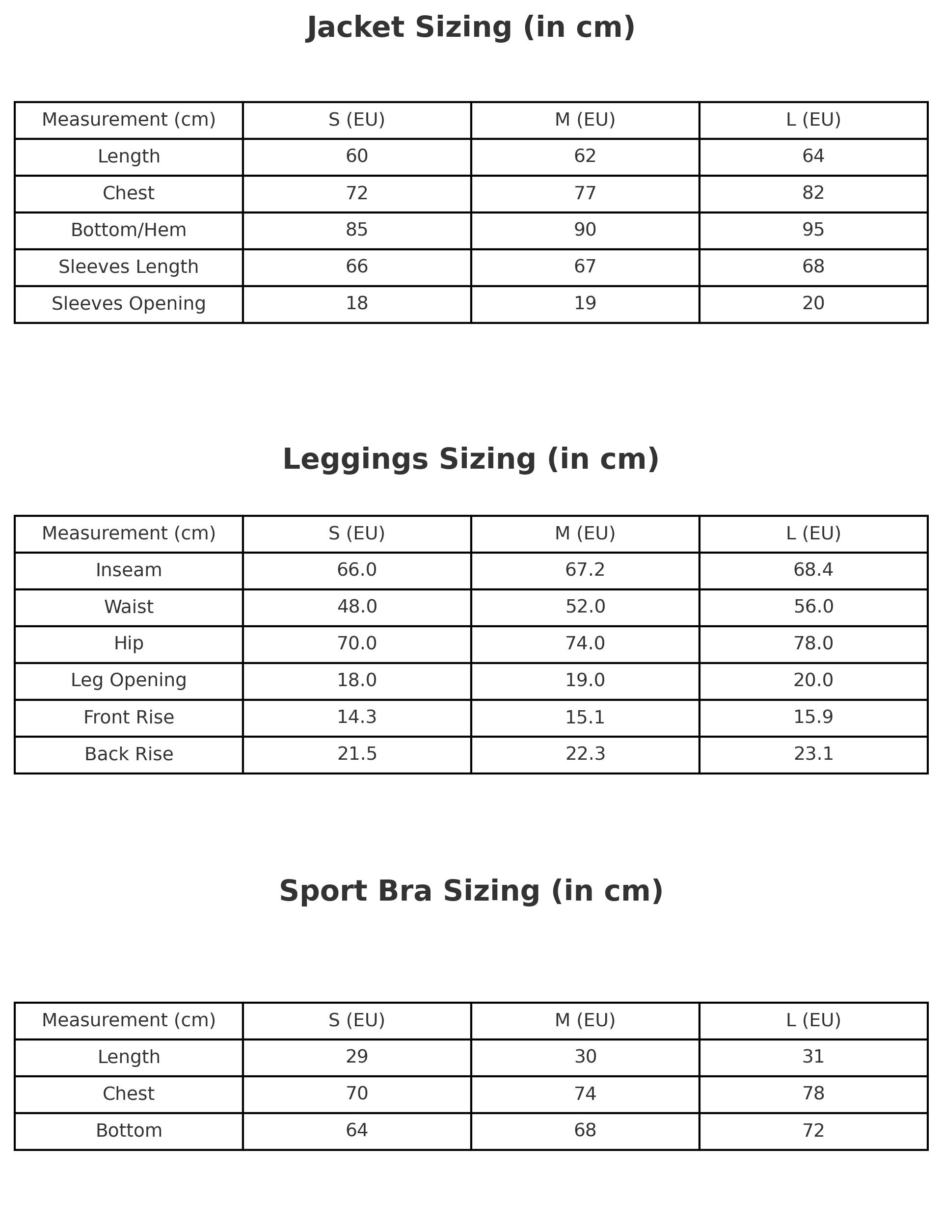 Size Chart for Lioré 3-Piece Glow Set