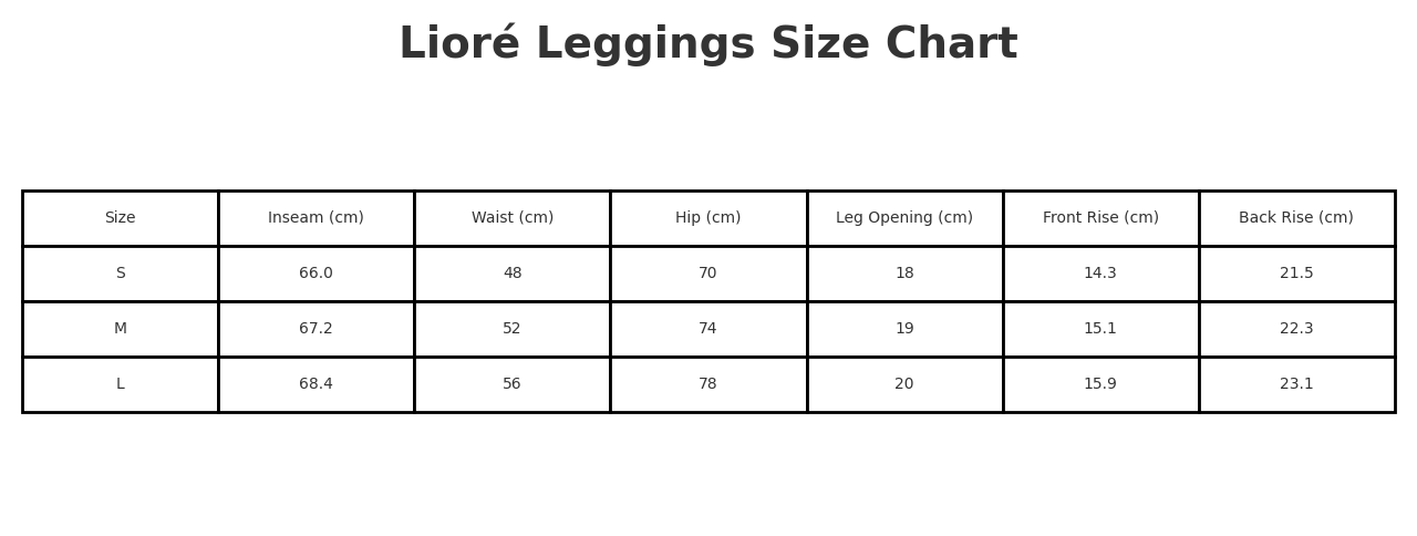 Size Chart for Lioré LightSculpt Leggings